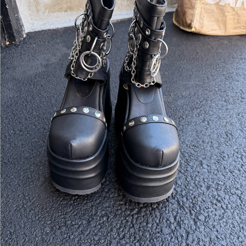 Demonia Black Chunky Platform Ankle Boots with Chain & Ring Accents